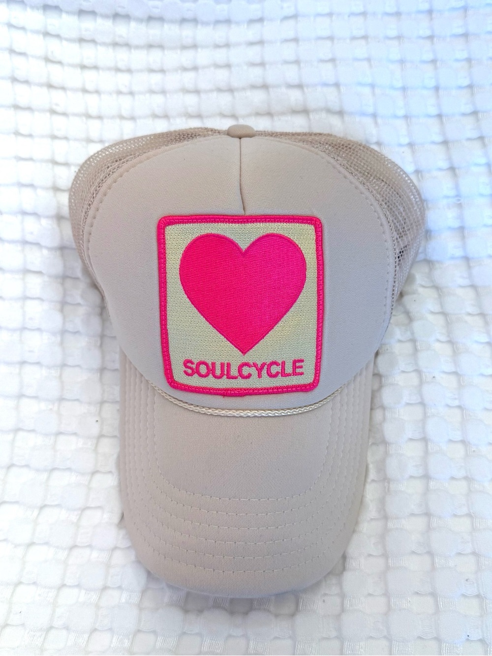 aviator nation x soulcycle beige cap with bright pink heart patch